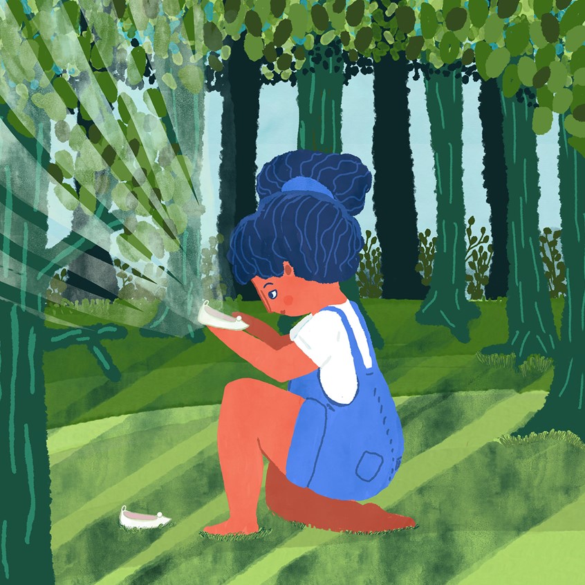 illustration of Magic Shoes. woods, forest. little girls find. playing in the woods, exploring, adventure, adventures, fairytale, legendary shoes, quick silver, blue hair, enchanted, enchantment, magical, Cinderella, blue jeans, denim, marvel, awe, discovery, magic, whimsical, treasure hunt