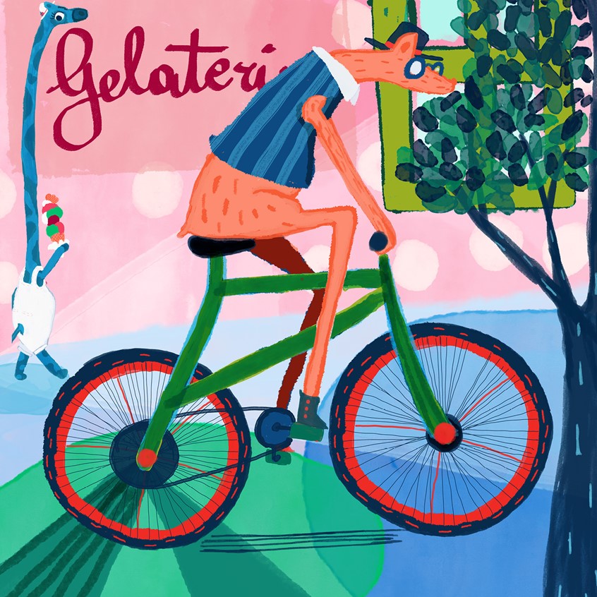 illustration of Artprint for kids. Kanchil on a bike goes around town while blue giraffe got a very tall icecream, gelato, fun, light, animals dressed, with glasses, funky animals, bicycle, gelato, jazzy, summer ride, groovy, jazzy, funky, wander, galavant, trip, knock about.
