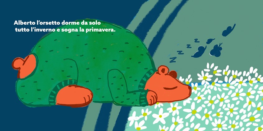 illustration of Everyone sleeps is a book about sleeping, napping and dreaming. everyone sleeps different in the animal world: who sleeps standing, who sleeps during the day, who sleeps moving, who sleeps dreaming. Alberto, the bear sleeps all Winter. hibernation, lethargy, dormancy, sleepy joe, daisies, daisy, pajamas