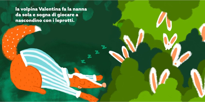 illustration of Everyone sleeps is a book about sleeping, napping and dreaming. everyone sleeps different in the animal world: who sleeps standing, who sleeps during the day, who sleeps moving, who sleeps dreaming. Valentina, the fox, sleeps and dreams of bushes and bunnies. bunny, rabbits, hungry, chase, hunt, sleepy joe, glutton.