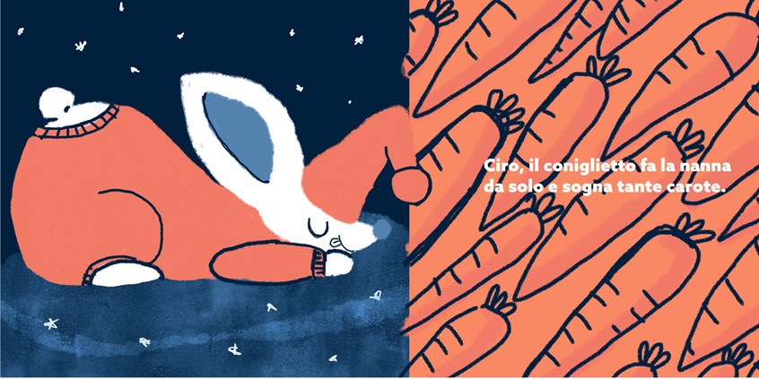 illustration of Everyone sleeps is a book about sleeping, napping and dreaming. everyone sleeps different in the animal world: who sleeps standing, who sleeps during the day, who sleeps moving, who sleeps dreaming. Ciro, the rabbit sleeps and dreams of carrots, lots of carrots. Bunny, food, drems, bunny in a pj, nighty night, white rabbit, hungry, veggies, sleepy joe, glutton, night hat.