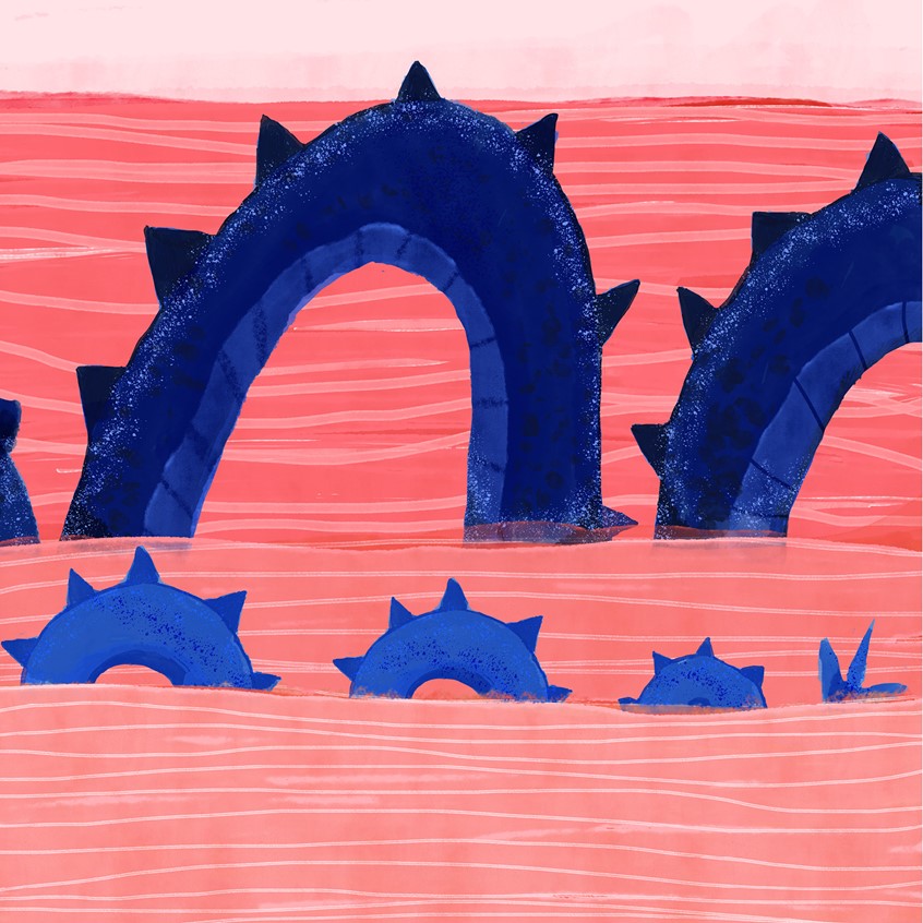 illustration of portfolio illustration of a Lockness like monster and their little one. baby monster, Nessie, lake, sea, mommy and me, daddy and me, water, dragon, baby dragons, tales, adventures, mommy, daddy, mother dragon, puppy