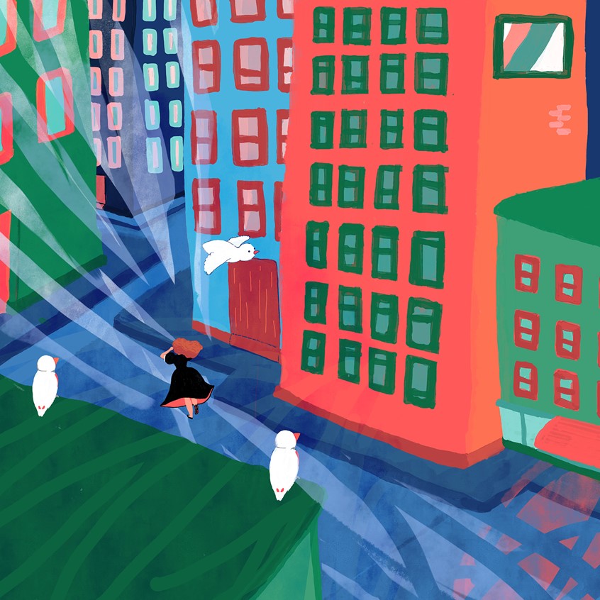 illustration of the great escape is a cinematographic portfolio illustration. White birds against a colorful blue, green and red urban landscape of buildings. A mysterious lady in black running away. Desolation all around her, a strange suspence it makes it as if life in the picture is still. city landscape, windows, bird, street, roads, running, run away.
