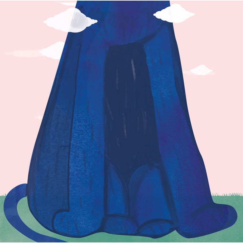 illustration of Who is Afraid of Al is a picture book about prejudice. Al is a cub of Great Dane, bigger then the other cubs. Everyone is afraid of him except the baby sausage dog who is the smallest of all of them. dogs, fear, Alan, basset hound, dachshund, German Shepard, Alsatian dog, blue dog, clouds, tall dog, sky, elevated, lifted, raised, uplifted, upswept, high-rise, statuesque