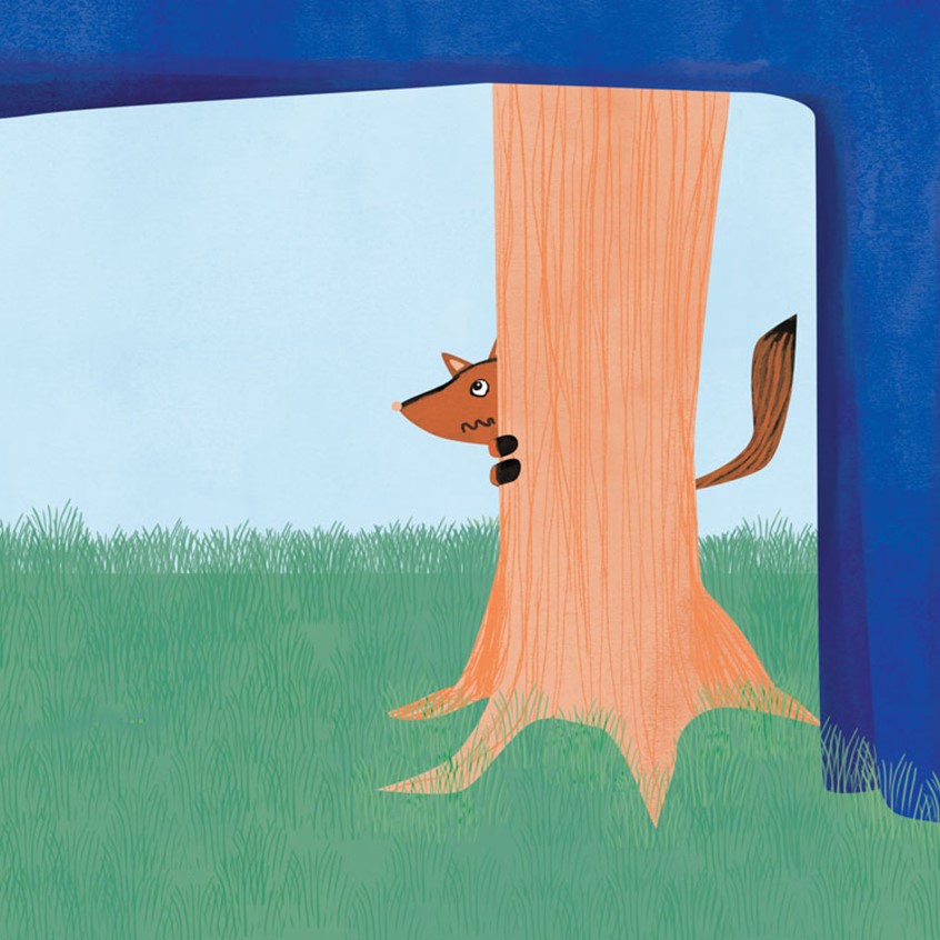 illustration of Who is Afraid of Al is a picture book about prejudice. Al is a cub of Great Dane, bigger than the other cubs. Everyone is afraid of him. dogs, fear, Alan, basset hound, dachshund, German Shepard, Alsatian dog, hide and seek, chicken, fearsome, shrinking, shy, timid, timorous, agitated, disconcerted, jittery, jumpy, nervous, panicky, panic-stricken, skittish, uneasy, upset, startled, cowed, daunted, intimidated, coward, cowardly, gutless, careful, cautious, prudent, unadventurous, wary.