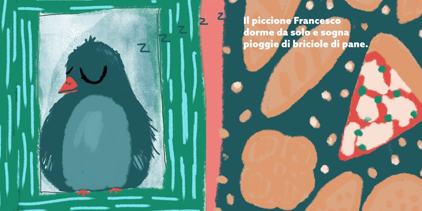 illustration of Everyone sleeps is a book about sleeping, napping and dreaming. everyone sleeps different in the animal world: who sleeps standing, who sleeps during the day, who sleeps moving, who sleeps dreaming. Francesco the pigeon sleeps standing and dreams of pizza. bread, bird, birds, crumbs, food, window, sleepy joe, glutton.