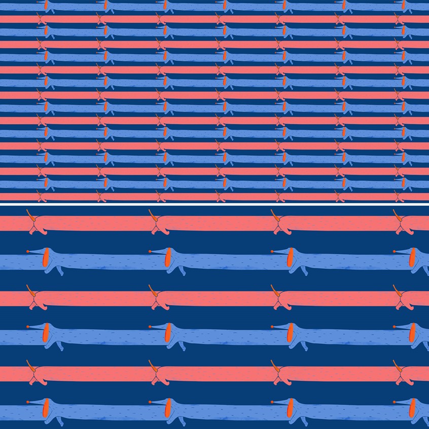 illustration of Sausage Dog Stripes in two different sizes is a pattern created for Ciasmo Milano. in 3 different palettes (blue/warm red, electric blue/cream, and acid green/turquoise/orange) this fun half geometrical half conversational motif has gone in production on fabric in October 2021 and will be sold EXCLUSIVELY by Ciasmo in the final form of clothing, alternative fashion, pattern design, puppies, unique, whimsical, lines, bands, bars, streaks, dutch hound.