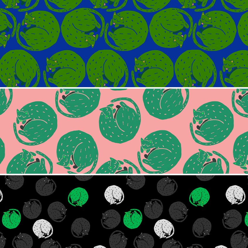 illustration of Cats Pois in different sizes and palettes is a pattern created for Ciasmo Milano. in 3 different palettes (electric blue/green,pink/green black/white/green and more) this fun conversational motif has gone in production on fabric in October 2021 and will be sold EXCLUSIVELY by Ciasmo in the final form of clothing, alternative fashion, pattern design, puppies, unique, kitty, balls, dots, blobs, blots, marks, smears, smudges, smutches, stains
spatters, splashes, polka dots.