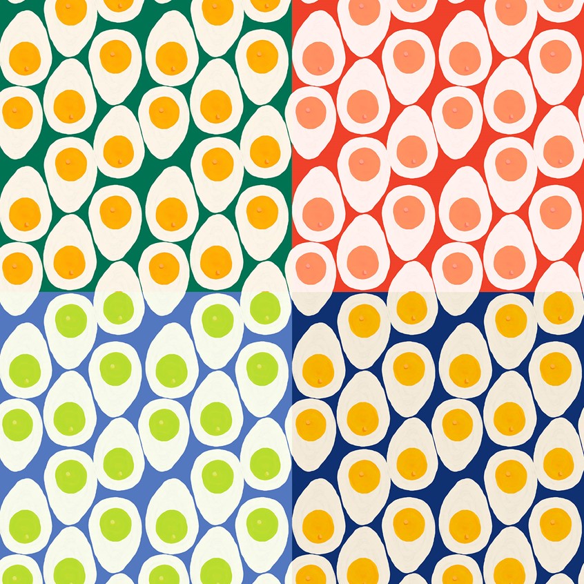 illustration of Geo Eggs in 4 different colour combos is a pattern created for Ciasmo Milano. this fun half geometrical half conversational motif has gone in production on fabric in October 2021 and will be sold EXCLUSIVELY by Ciasmo in the final form of clothing, alternative fashion, pattern design, puppies, unique. red, blue, green, pink, yellow, white. Food, nuts, eggy, balls, pois, hard boiled eggs, fried eggs, whimsical, yellow, bold colors, fun.