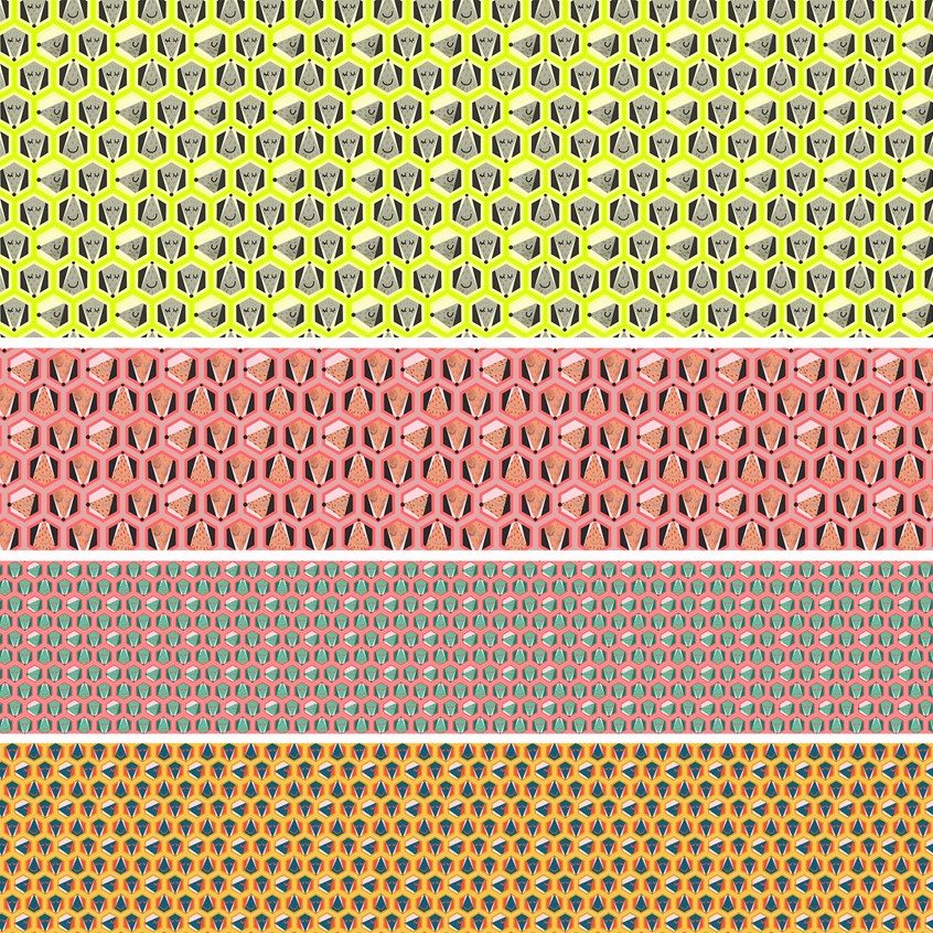 illustration of Geo Dogs in different sizes and palettes is a pattern created for Ciasmo Milano. this fun half geometrical half conversational motif has gone in production on fabric in October 2021 and will be sold EXCLUSIVELY by Ciasmo in the final form of clothing, alternative fashion, pattern design, puppies, dogs, portraits, unique, pink, beige, grey, yellow, green, blue, red, orange, spunky, bold, quirky, whimsical.