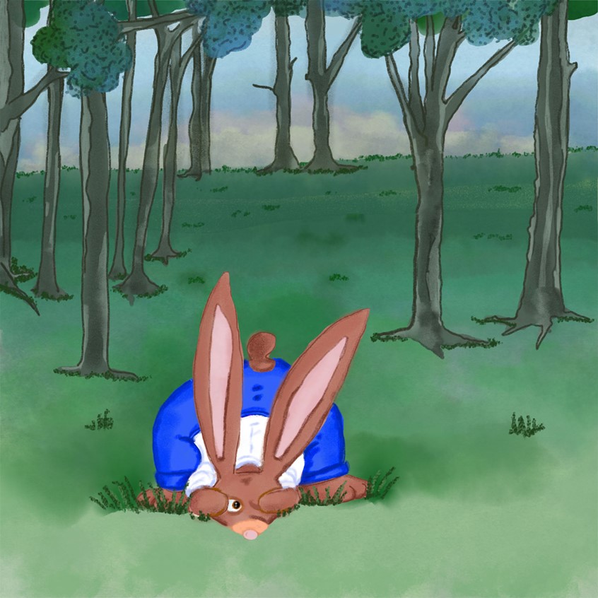 illustration of A portfolio illustration of a brown dressed bunny cheating at hide and seek's count in the woods.
Bunny in jeans, rabbit in a shirt, trees, grass. children's illustration, cheat, cheeky, scared, afraid, looking, peeping