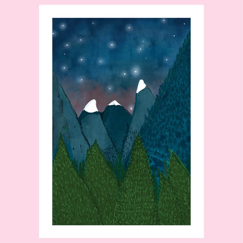 illustration of this print of mountains with snow in a dark winter night is on sale at Ciasmo, Milano in Limited Edition. Woods, Landscape, blues, greens, starry, alps, snowy tops, sun down, horizon