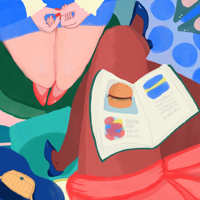 illustration of The waiting room maybe the doctor, maybe a dentist's waiting room is an editorial piece about waiting, tall point of view looking at shoe. a woman is scratching her finger another with crossed legs is looking at a magazine with an hamburger on it. polka dots mat, décolleté shoes, ballerinas, a small bag, delay, hawing, procrastination, hanging around, lingering, remaining, sticking around, tarrying, standing by, anticipating, expecting, watching (for).