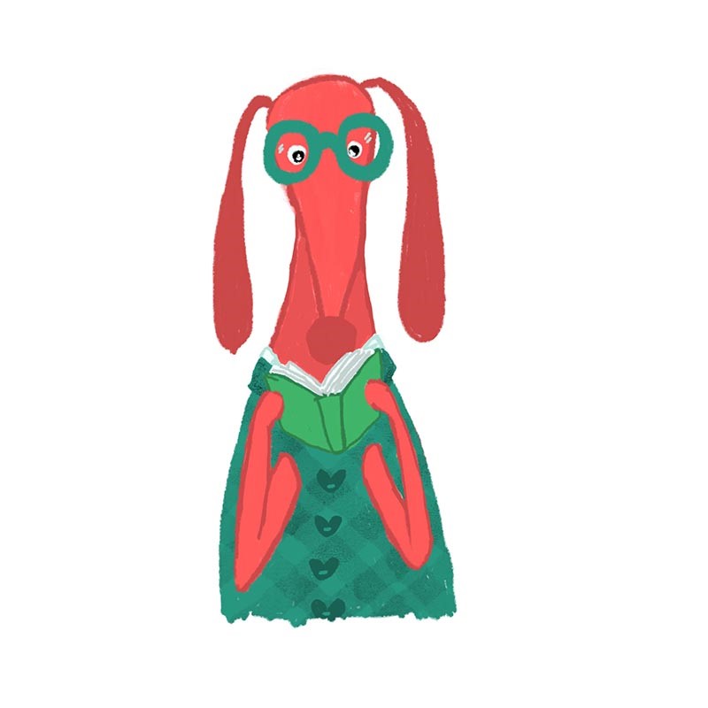 illustration of Dog reading a book with glasses, green, intellectual, concentration, studying, nerd, nerdy, bookworm, blue, spectacles, eagerness, goofball, goober, dork, dweeb, double-dome, highbrow, intellectual, brain, genius, academic, bookman, scholar, professor, student