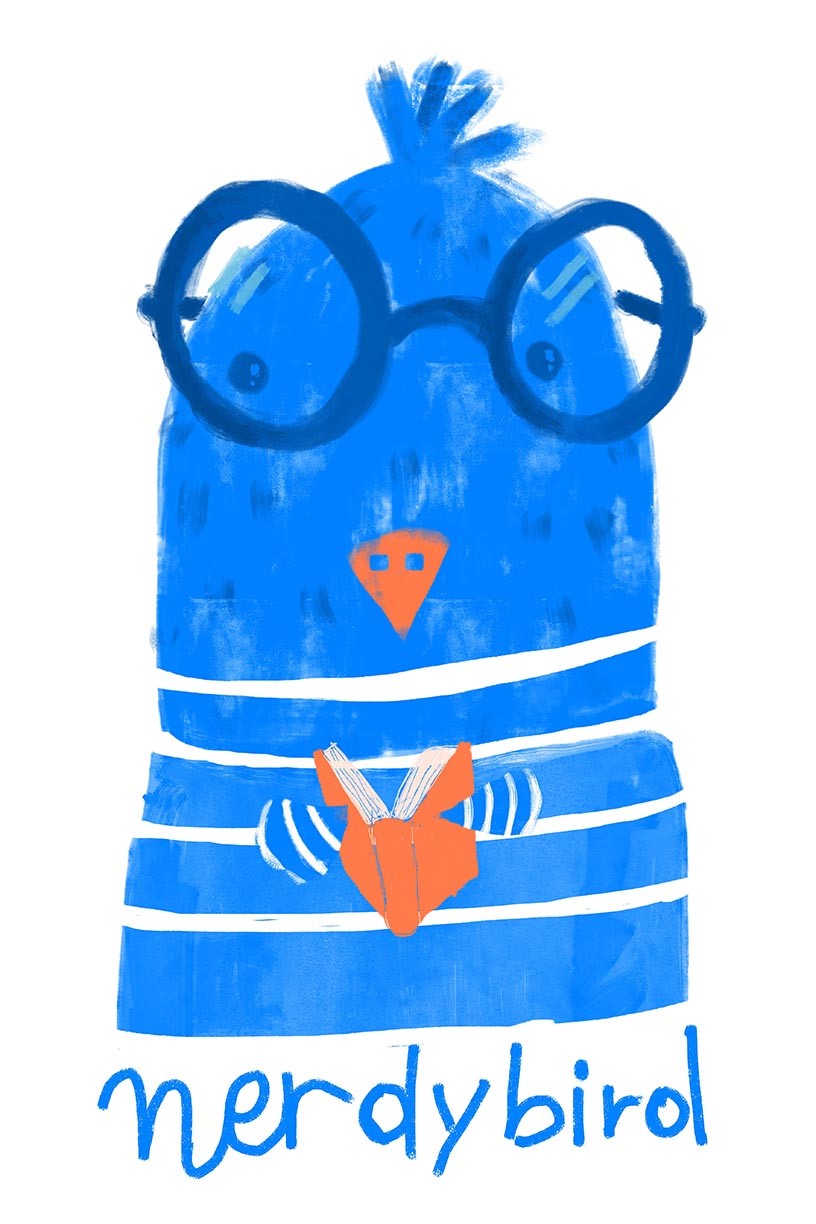 illustration of Bird reading a book with glasses, nerd, nerdy, bookworm, blue, spectacles, studying, flipping pages, concentration, eagerness, goofball, goober, dork, dweeb, double-dome, highbrow, intellectual, brain, genius, academic, bookman, scholar, professor, student