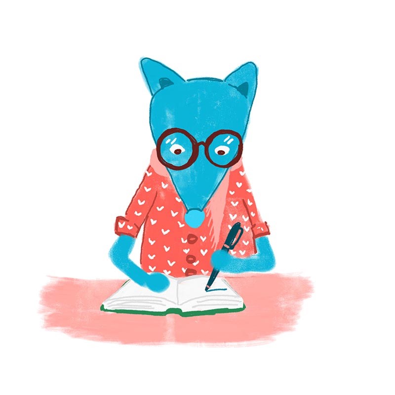 illustration of a cyan fox doing homework, writing a letter, nerdy, nerd, goody-two-shoes, glasses, pen, concentration, eagerness, goofball, goober, dork, dweeb, double-dome, highbrow, intellectual, brain, genius, academic, bookman, scholar, professor, student