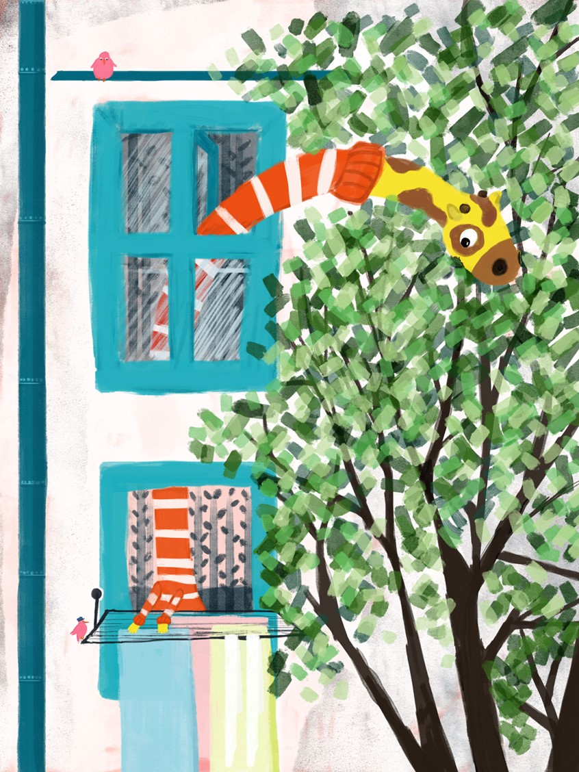 illustration of The everyday chores of a regular Giraffe. Giraffe is hanging their laundry out of the window, while snacking on a tree outside the building. turtle neck, stripes, long neck, everyday life, multi-tasking, drying clothes, animals in urban settings, red, turquoise, snacks, birds, cheeky, whimsical, picture book,