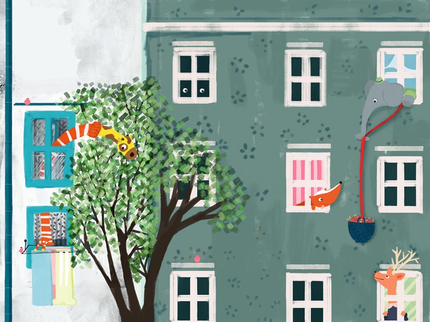 illustration of the neighbourhood day goes by. Giraffe is standing their clothes to dry while a basket of fruit is making it's way from Mr. Elephant's window to Mrs. Deer's while Foxy is getting hungry just looking at those marvellous apples. in the meantime somebody is to shy to participate but their are definitely interested to the action. birdies chipper and life goes on. everyday life, animals, fox, birds, buildings, windows, tree, sharing, community, company, district, society, residents, circle, clique