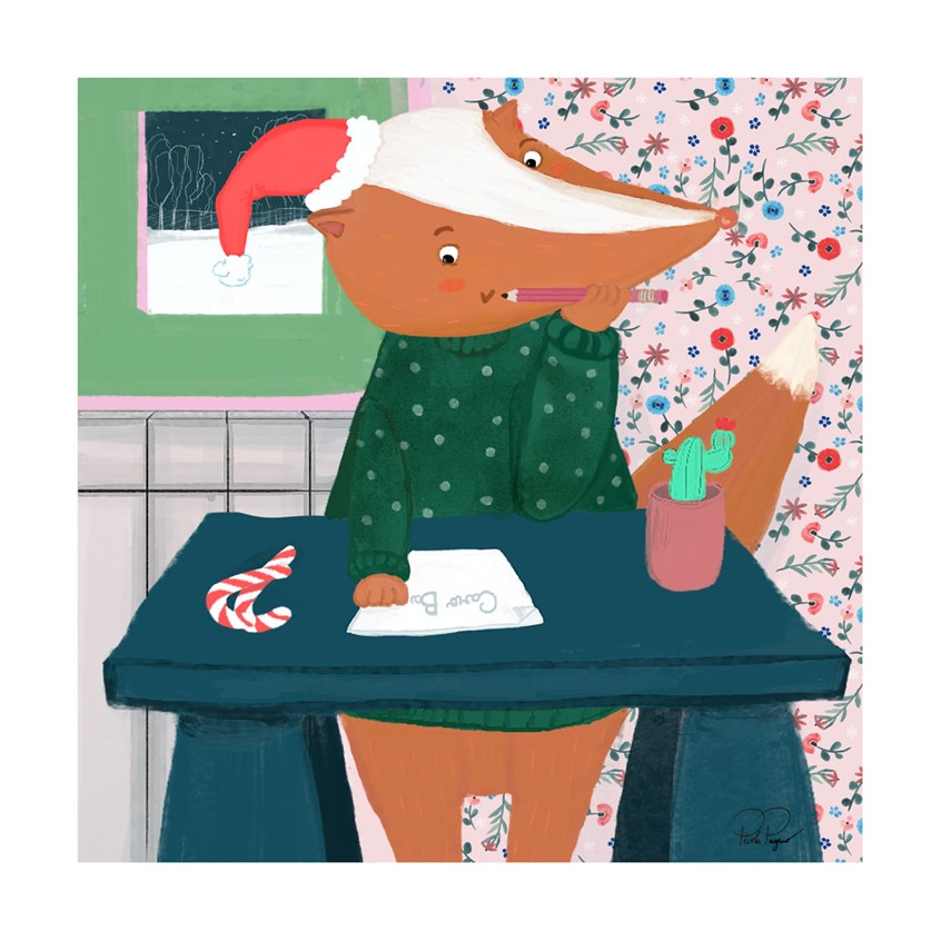illustration of Foxy's letter to Santa is coming along nicely. She is excited and is carefully pondering what to ask to Santa Claus for Christmas. Wearing a polka dots green sweater and pencil and paper at hand she has a sweet snack on her left in case she gets hungry for sweets and her favourite cactus on the other side. outside it has snowed but the home is warm and toasty with floral wall paper and hitting.
Christmas Spirit, hat,