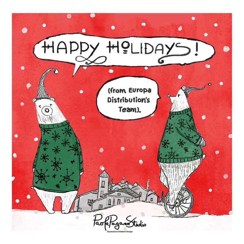 illustration of E-card licensed by Europa Distribution. Bear, green sweater, snowing, snow, winter, Christmas wishes, hats, Christmas Sweater, village, red, white, white bear, teddy, monocycle, pencil