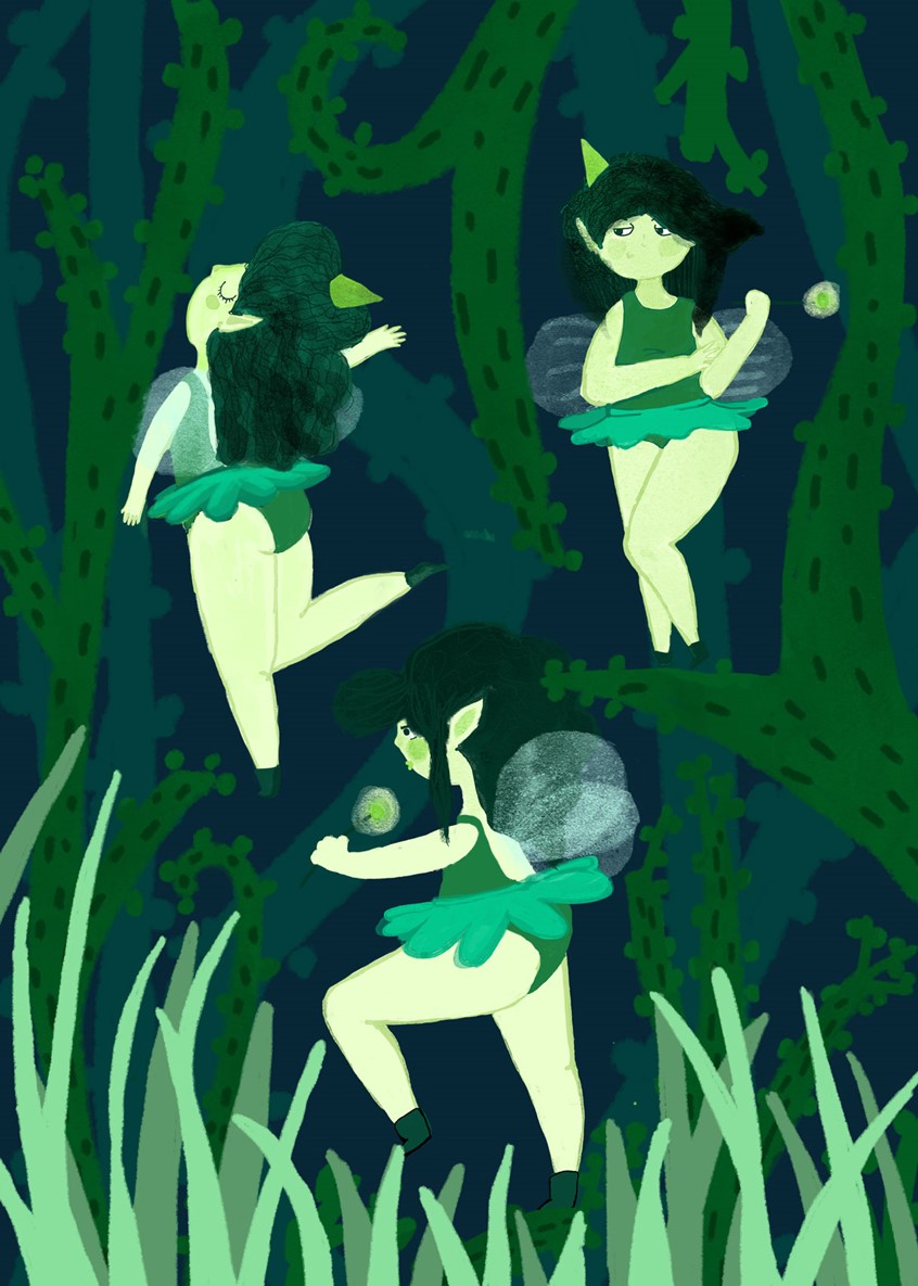 illustration of Green Fairies, portfolio piece and character development. sarcastic, chubby fairies. Grass, green plants, wings, fly, magic wand, dancing, thoughtful, pensive, fairy,