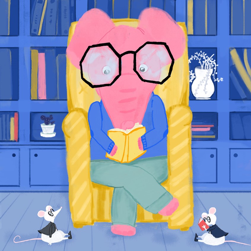 illustration of Elephant reads a story and little mice in jackets listen and follow closely. book club, books, pink, readings, glasses, nerds, bookworm, living room, reading room, domestic, learning, studying, curiosity, book love,
