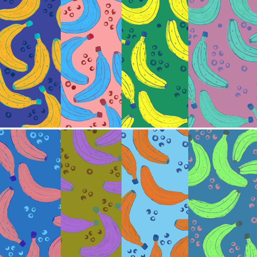 illustration of Bananàs is a pattern created and licensed exclusively by Ciasmo to make beautiful dresses and homedecor. pop, yellow, green, blueberries, orange,pink, purple, banana, fashion, macro prints, conversational