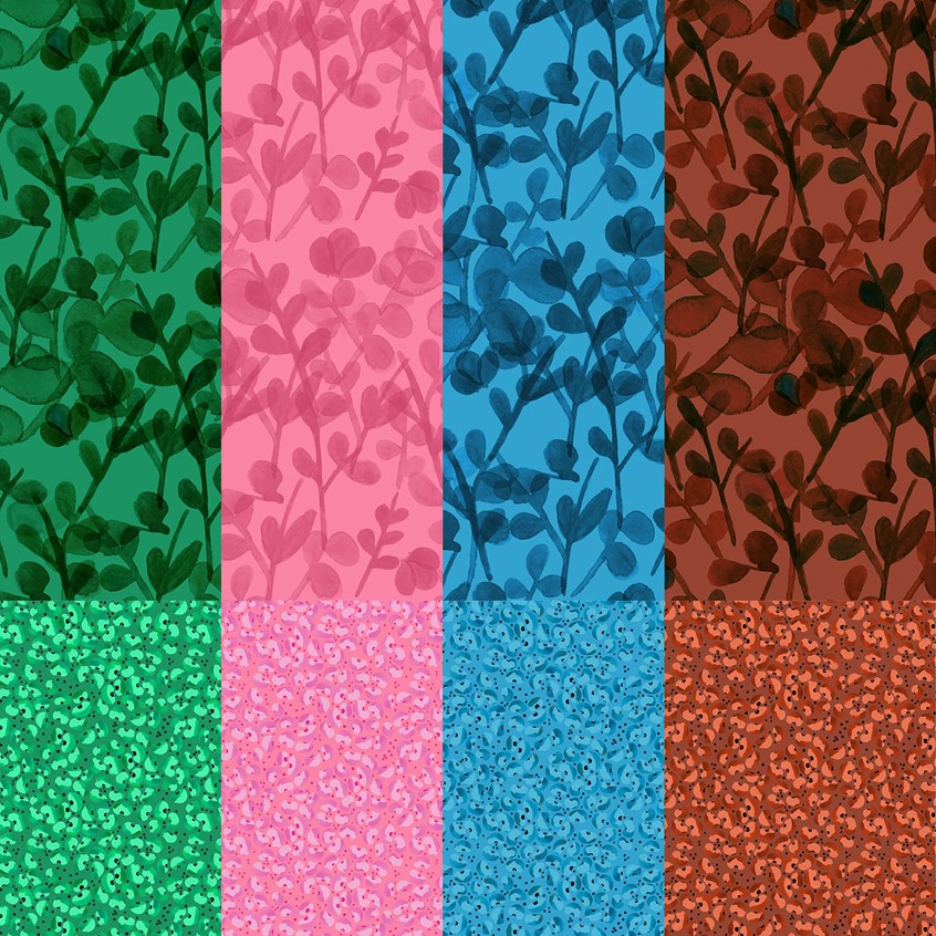 illustration of Pattern created and licensed exclusively by Ciasmo. color matched in green, pink, cerulean, rustic red. watercolour on paper and digitally finished. It was designed for fabric that are mainly used for tailor made fashion. nature, quirky,