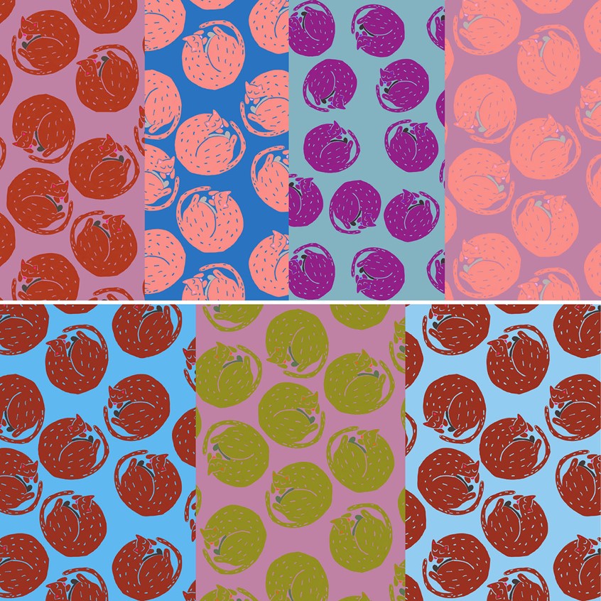 illustration of Cat Pois is a pattern created and licensed exclusively by Ciasmo to make beautiful dresses and homedecor. yellow, green, blue, brick, pink, purple, banana, fashion, macro prints, conversational