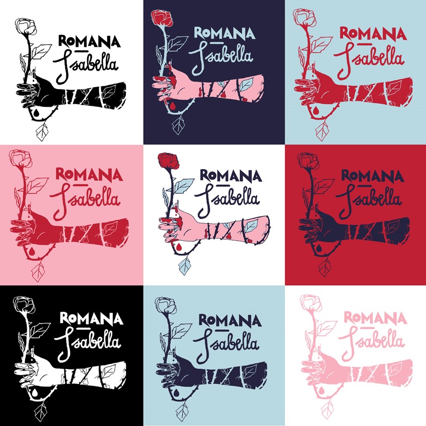 illustration of Brand Identity project for performer and writer. Intersectional Feminism, LGBTQI, logo, Theatre, artist, roses, thorns, hand, blood, femininity, cruel, sublime, Intersectionality.