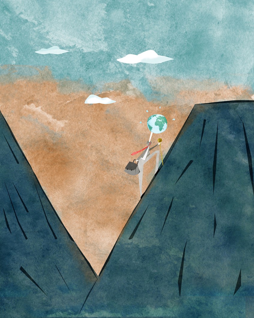 illustration of Climber, was an illustration created for the MACROECONOMIC ISSUES AFTER THE CRISIS conference held by CSEF. world, struggle, crisis, mountains, finance, economy, global, globe, fatigue, sweat, tie, corporate