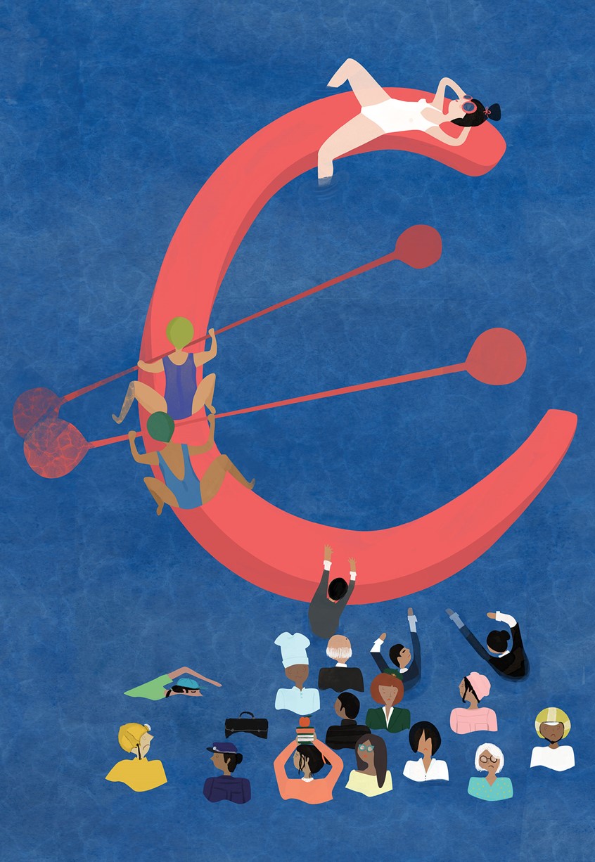 illustration of Finance, Labor and Inequality, is an illustration for a Conference's poster. sea, water, life vests, kayaking, rowing, political, finance, economics, economy, research, poster, swimming, working, leisure, euro