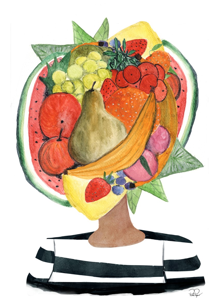 illustration of Fruithead is an art print available exclusively at Ciasmo Milano in limited copies. floral, stripe shirt, red, roses, bouquet, whimsy, hiding, hide and seek, fruit, macedonia,