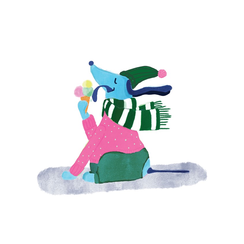 illustration of Icecream Dog is a print available at Ciasmo Milano exclusively. what's cuter of a dog eating icecream in a hat and scarf? icecream in the winter is not for everyone but hey, he is a brave chap. pink, green, puppy, cyan, fun, light