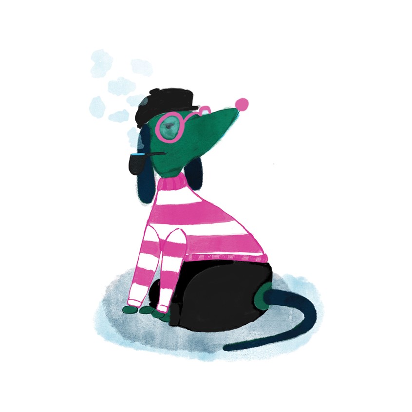 illustration of Cane Pipa is an art print available only at Ciasmo, Milano. it's about funny dogs doing funny things. this one is smoking a pipe. he enjoys it throughly.
hat, pants, sweater, thinker