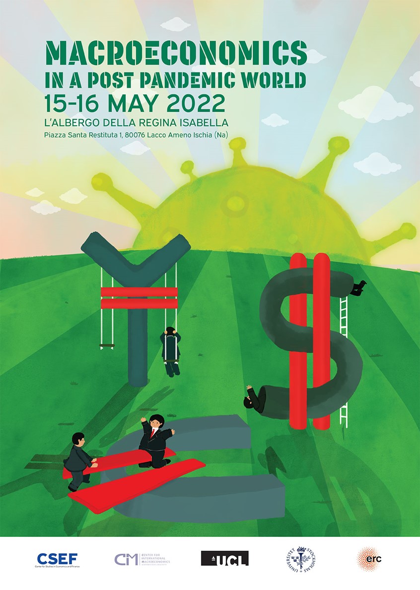 illustration of Macroeconomics in a Post-Pandemic World is an illustration commissioned by CSEF, Center for Studies in Economics and Finance. playground, money, virus, covid, coronavirus, field, suits, twilight, sunset, geo economic balance,