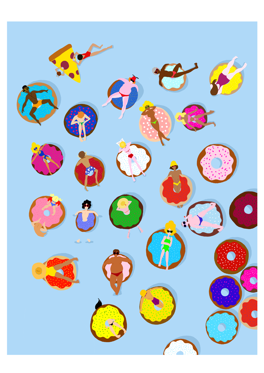 illustration of Small characters in swimsuit, floating on a swimming pool during a hot summer.
Illustrator, illustration, art, graphic design, artwork, editorial, magazine, newspaper, digital, digital art, social media, print, concept, idea, poster, portrait, people, women, man, men, lifestyle, pool, swimming pool, floaties, floaty, holiday, bathing suit, sun, sunshine
