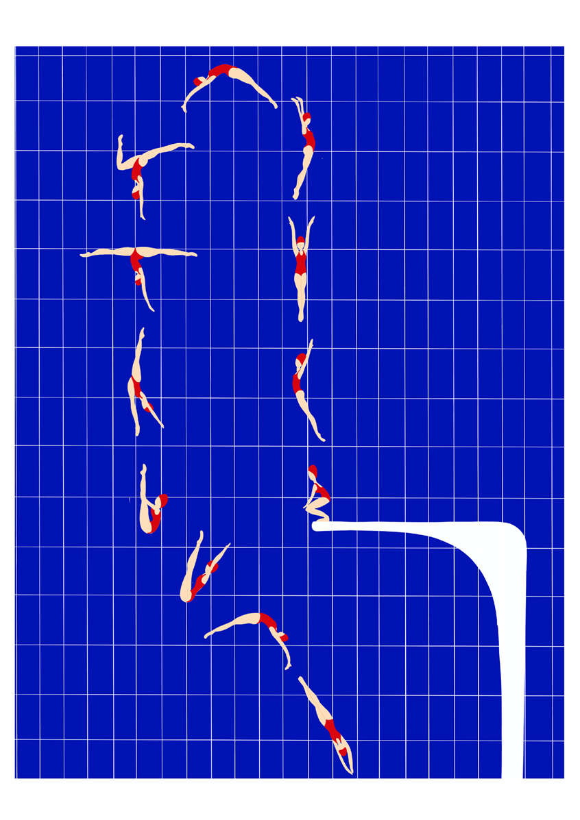 illustration of Diver jumping from a diving at the swimming pool.
Illustrator, illustration, art, graphic design, artwork, editorial, magazine, newspaper, digital, digital art, social media, print, concept, idea, poster, portrait, people, women, lifestyle, pool, swimming pool, blue, divers, women, women's power, sport, swimmers.