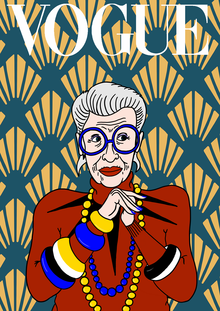 illustration of Imaginative Vogue cover with Iris Apfel.
Advertising, ad, entertainment, commercial, illustrator, illustration, art, graphic design, artwork, editorial, magazine, digital, brand, branding, brand identity, marketing, campaign, ad campaign, advertising campaign, print, concept, idea, poster, portrait, people, advertisement, model, fashion, mode, cover, vogue cover, women, icon.