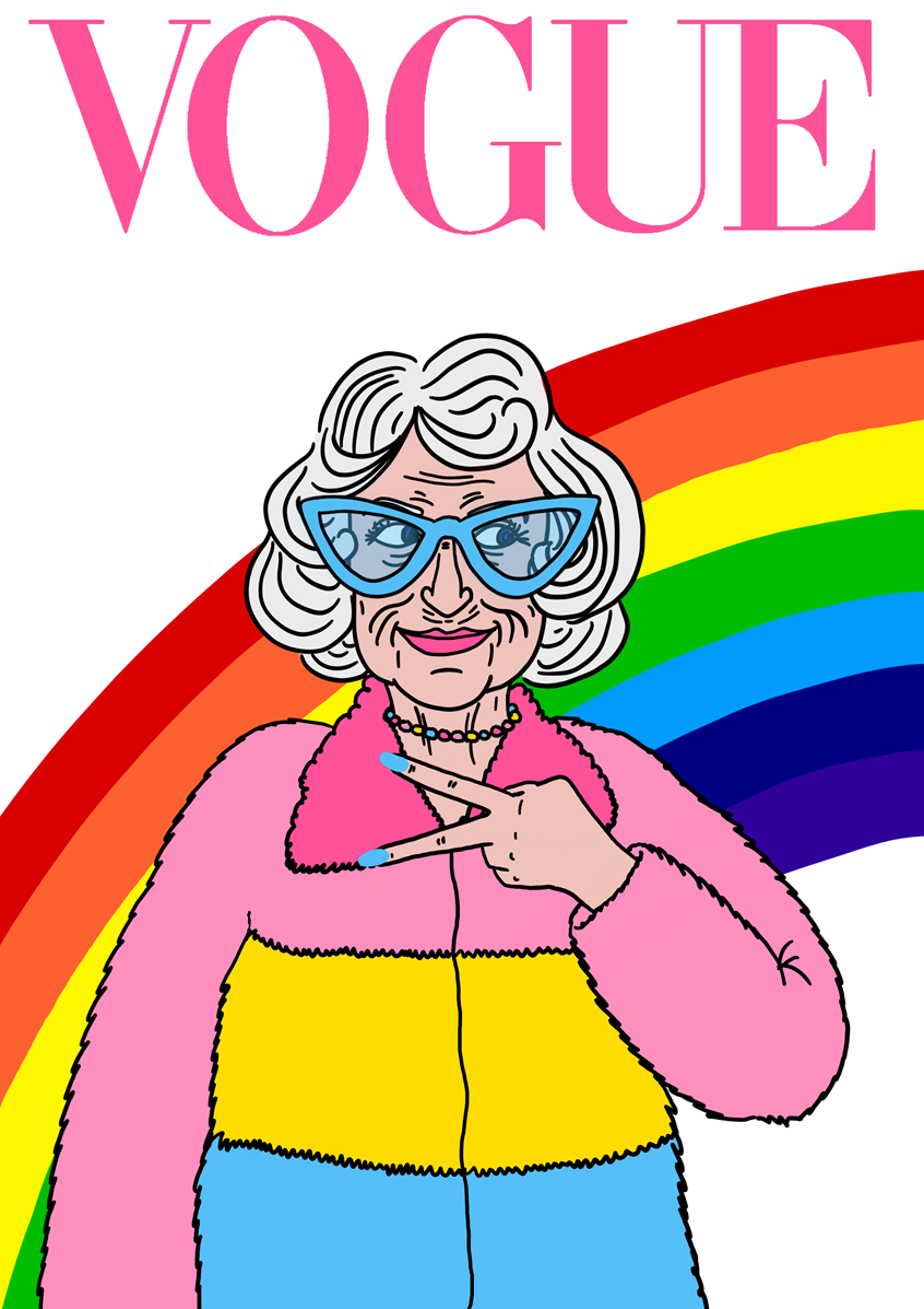 illustration of Imaginative Vogue cover with Baddie Winkle.
Advertising, ad, entertainment, commercial, illustrator, illustration, art, graphic design, artwork, editorial, magazine, digital, brand, branding, brand identity, marketing, campaign, ad campaign, advertising campaign, print, concept, idea, poster, portrait, people, advertisement, model, fashion, mode, cover, vogue cover, women, icon.