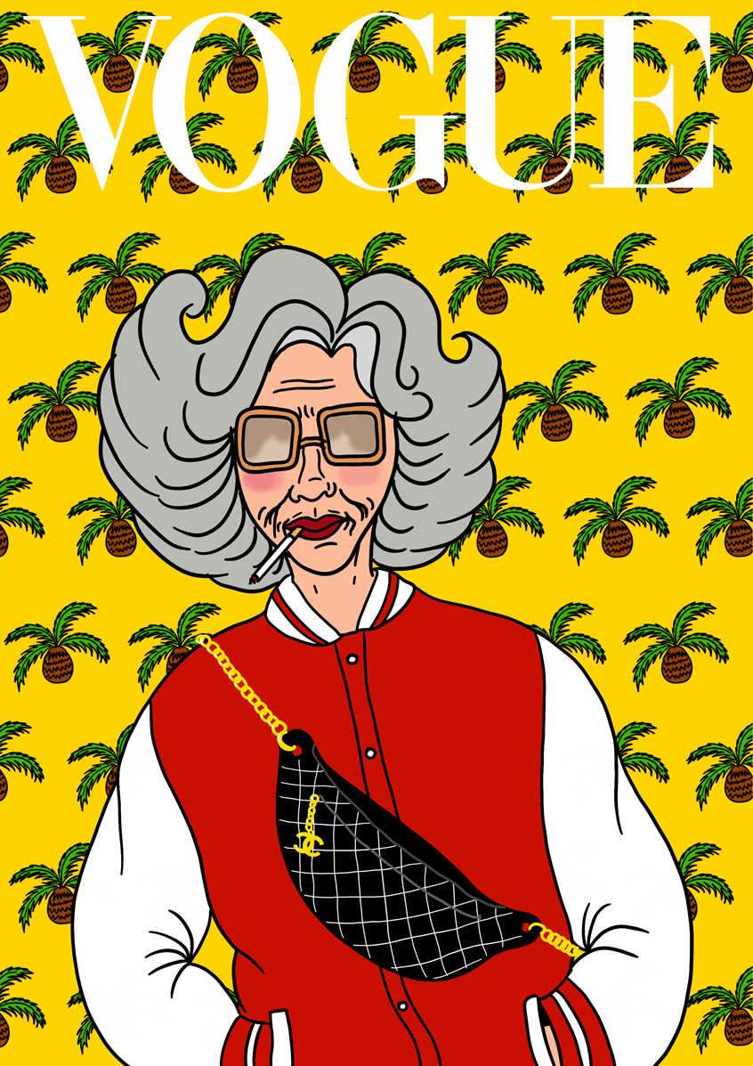 illustration of Imaginative Vogue cover with Yetta Rosenberg.
Advertising, ad, entertainment, commercial, illustrator, illustration, art, graphic design, artwork, editorial, magazine, digital, brand, branding, brand identity, marketing, campaign, ad campaign, advertising campaign, print, concept, idea, poster, portrait, people, advertisement, model, fashion, mode, cover, vogue cover, women, icon.