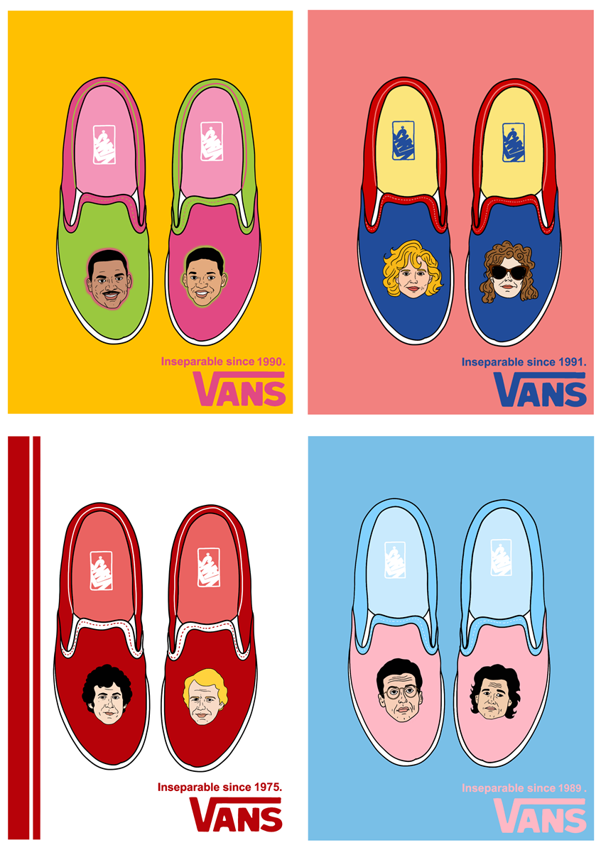 illustration of Imaginative advertising campaign for Vans about iconic duos from the 80's and the 90's.
Illustrator, illustration, art, design, artwork, editorial, magazine, colour, branding, brand, graphic design, packaging, product, advertising, advertisement, ad, identity design, marketing, campaign, print, digital, web, social media, creative, fashion, shoes, sneakers, vans, movie, icons, poster, style.