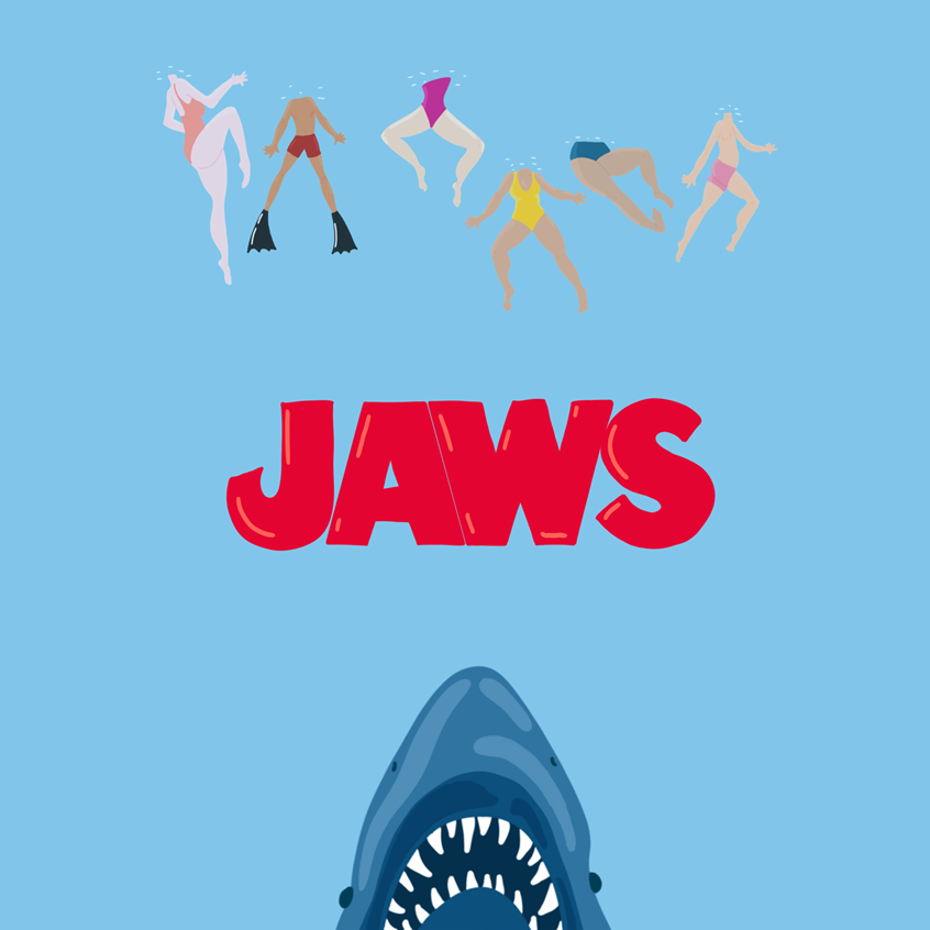 illustration of #poster #amblin #movie #movies #movieindustry #cinema #water #blue #shark #jaws #screen #stevenspielberg #editorial #illustration #drawing #digital #animal #people #swimmers #digitalart #art #sea #nature