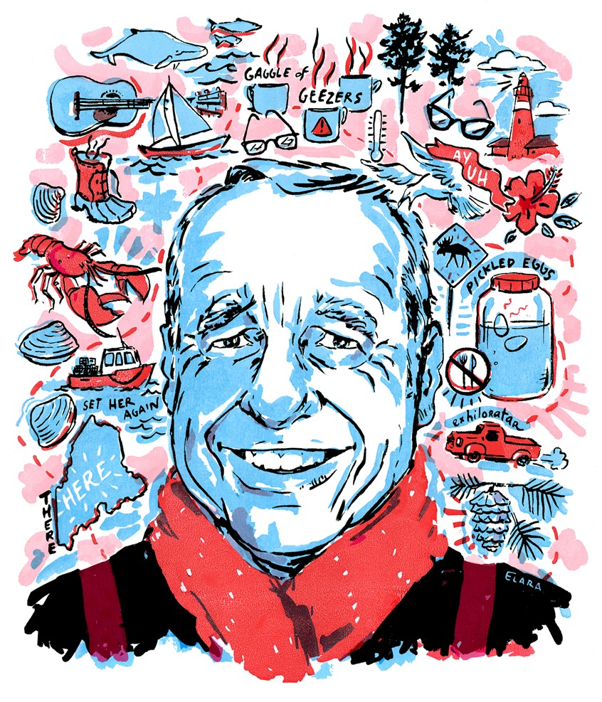illustration of portrait comedian funny humorist vibrant Maine travel traveler tourist clam lobster boat fisherman winter cold suspenders seagull sailboat red backwoods Mainer native country man moose outsider caricature geezer