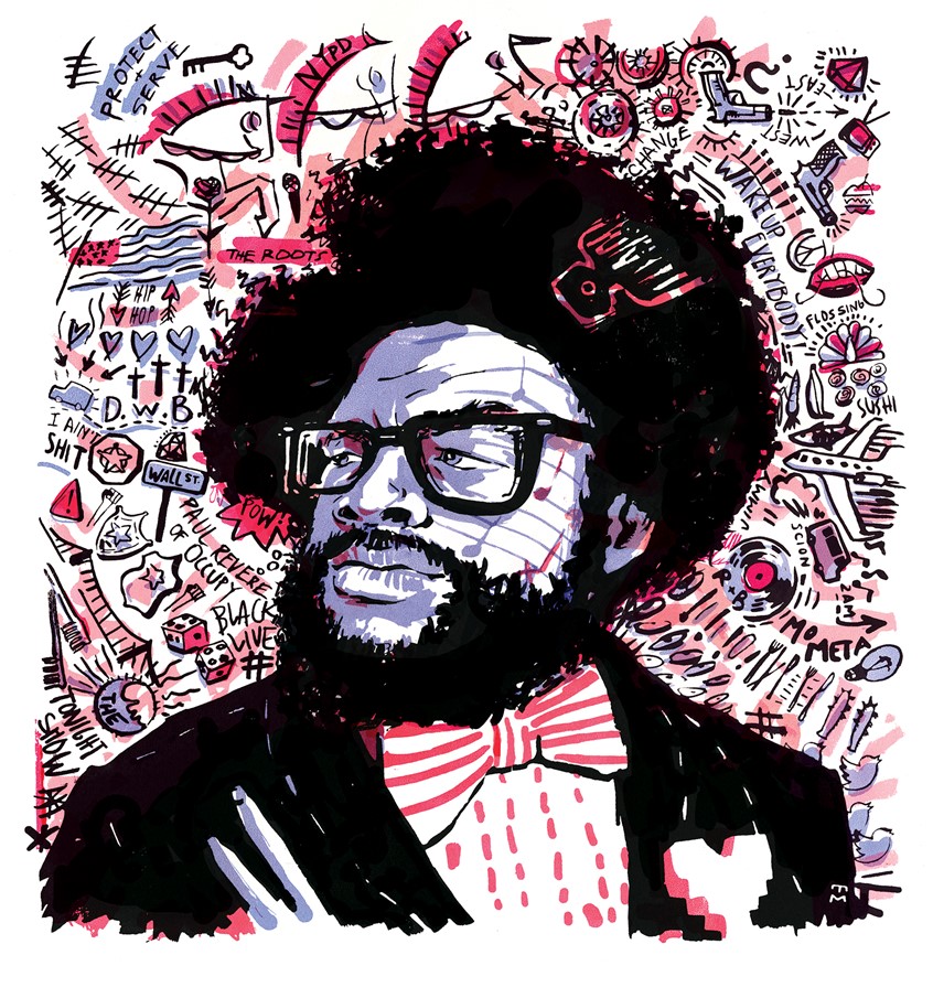 illustration of Questlove portrait racial tension collage activism social change activist political reform music hip hop heart screenprint colorful bowtie fashion tuxedo oscars tv jimmy Fallon the tonight show nbc rap black lives matter afro glasses drummer drumsticks fuchsia police nyc