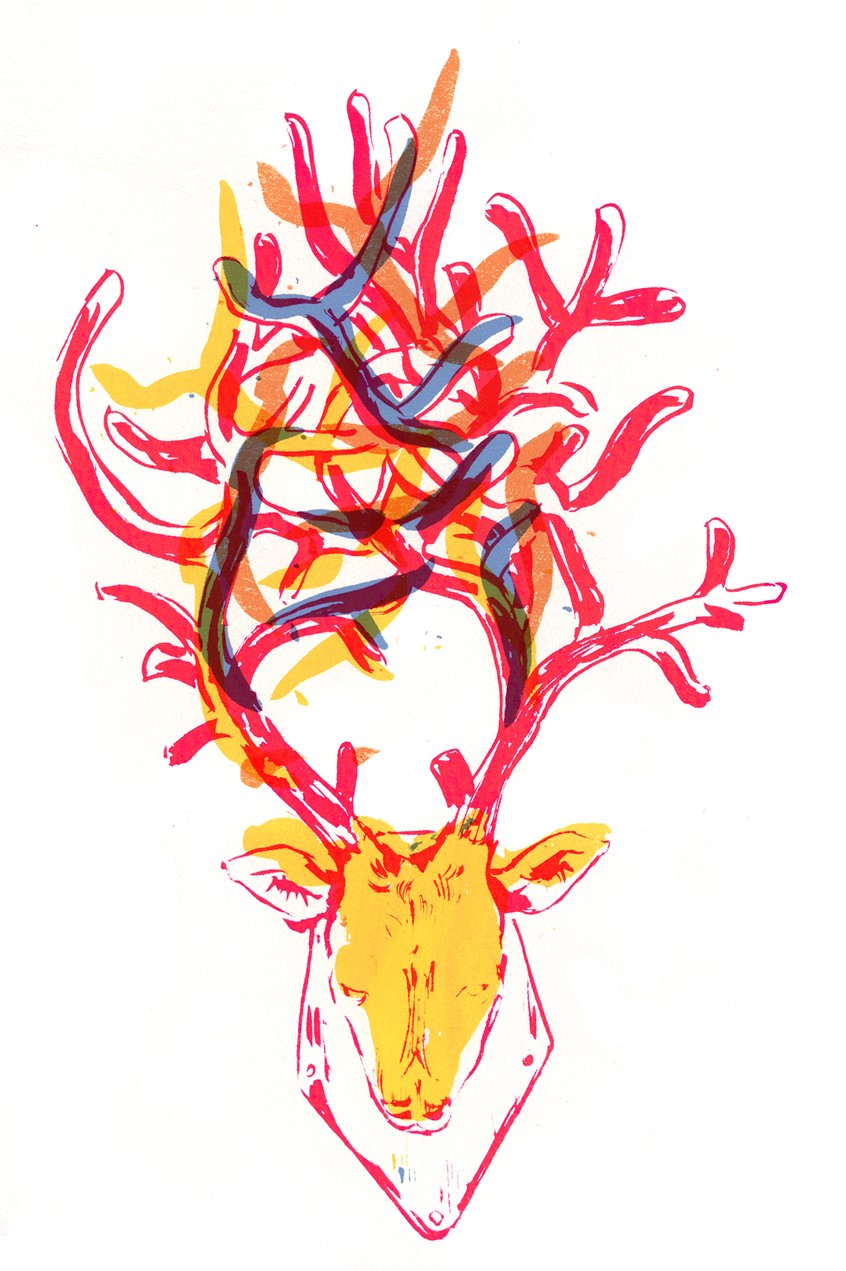 illustration of Screenprint deer buck antlers mental health illness instability hunter hunting yellow colorful schizophrenia abnormal behavior feeling severe delusion disorder medication trigger functional functioning breakdown symptoms hallucinations employee unemployment hospital diagnosis multi
spectrum voices reality medication self seizure episode balance brain doctor professional stress daily over scheduled modern life sickness personality help