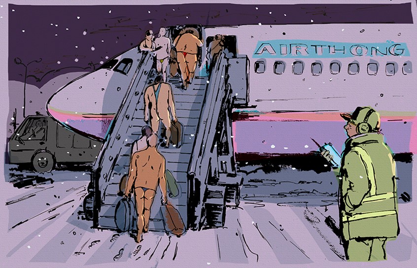 illustration of nudity airplane Boeing purple flying luggage youth snow midnight flight to nude beach naturism thong tan body underwear gay lesbian tarmac night winter spring break unitard LGBT travel guide tour resorts adventure nomad escape