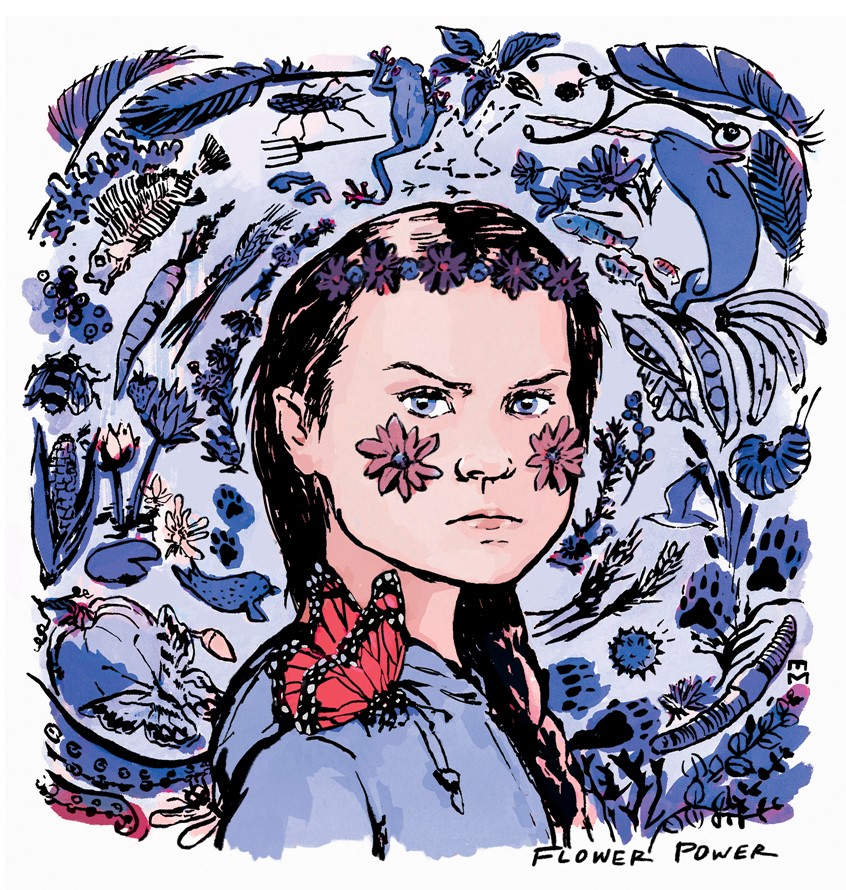 illustration of portrait blue and white endangered species monarch butterfly youth activist vibrant hoodie generation z kids kid warrior author children farming food sea ocean birds life Sweden Swedish school strike for climate teach young environmentalism UN speech Earth peace government flower power flower child girl power teenage teen generational leader
