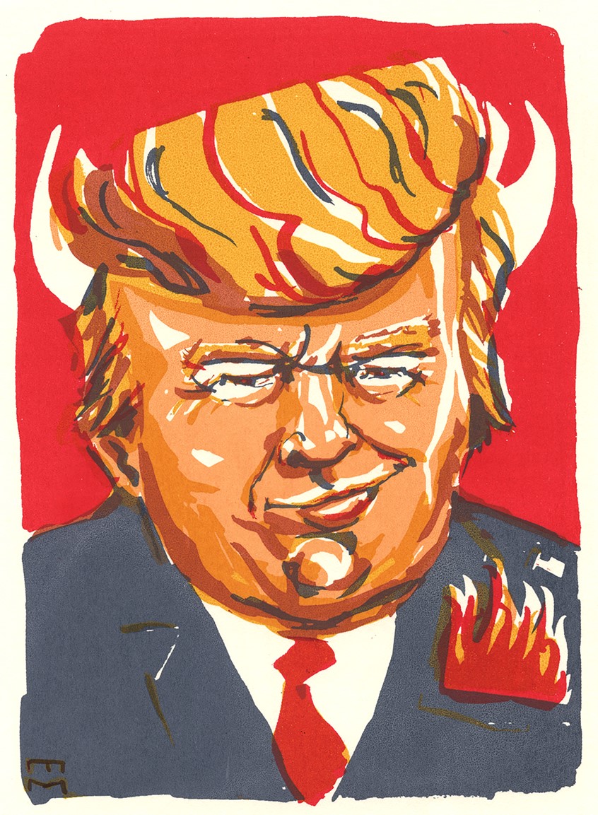 illustration of Donald Trump 45 devil hell 2020 presidency political opinion election the apprentice me too movement men male chauvinist red state divide country horns smug White House concede politics wealth wealthy taxes burning money on fire orange man toupee