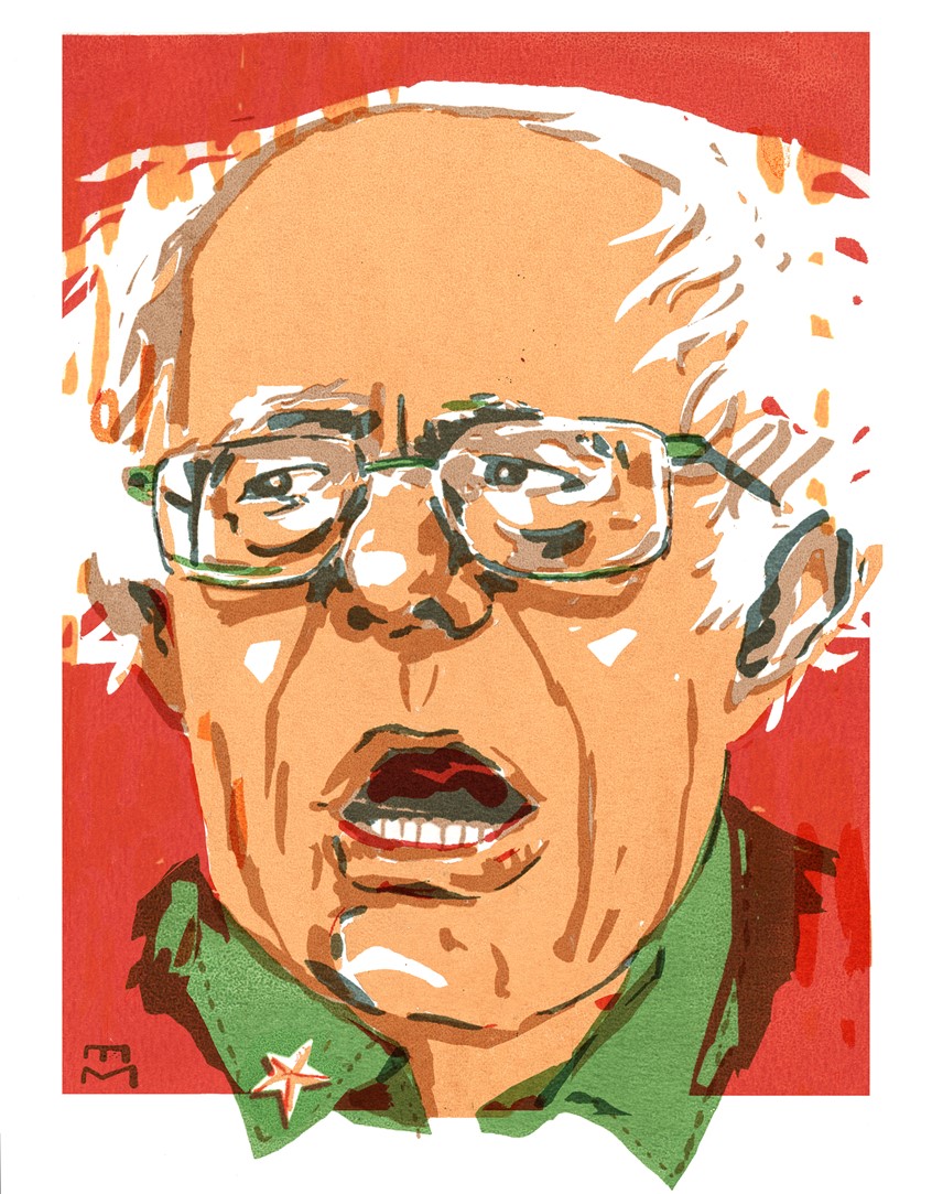 illustration of bernie sanders fear socialism politics senator revolutionary democratic election platform congress Washington Vermont debate politician perception senior citizen American social security political extreme millennials popular vote opinion glasses red green curly hair passion orator speech